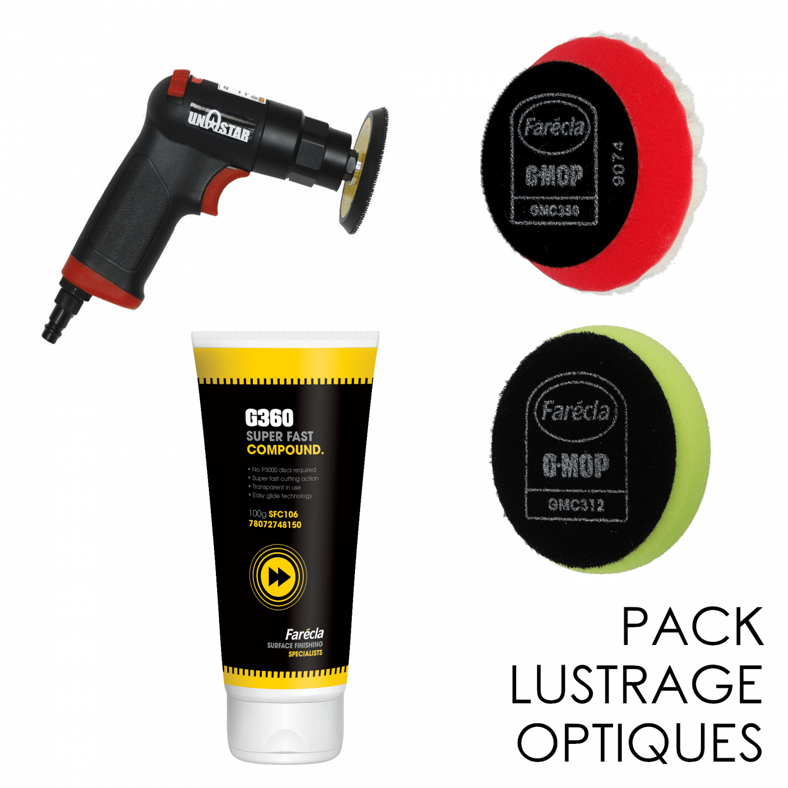 Kit de lustrage des optiques de phares avec mini-polisseuse, polish et tampons