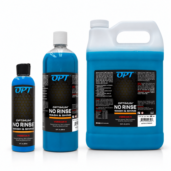 Optimum No Rinse Wash & Shine V6 : flacons de 236 ml et 946 ml et bidon de 3,76 L